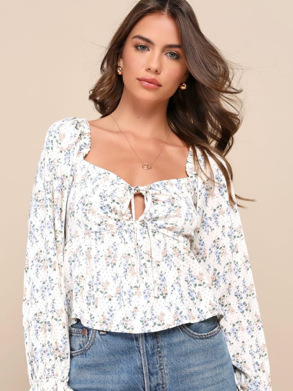 Lulus Effortless Aspect Ivory Floral Print Cropped Balloon Sleeve Top White